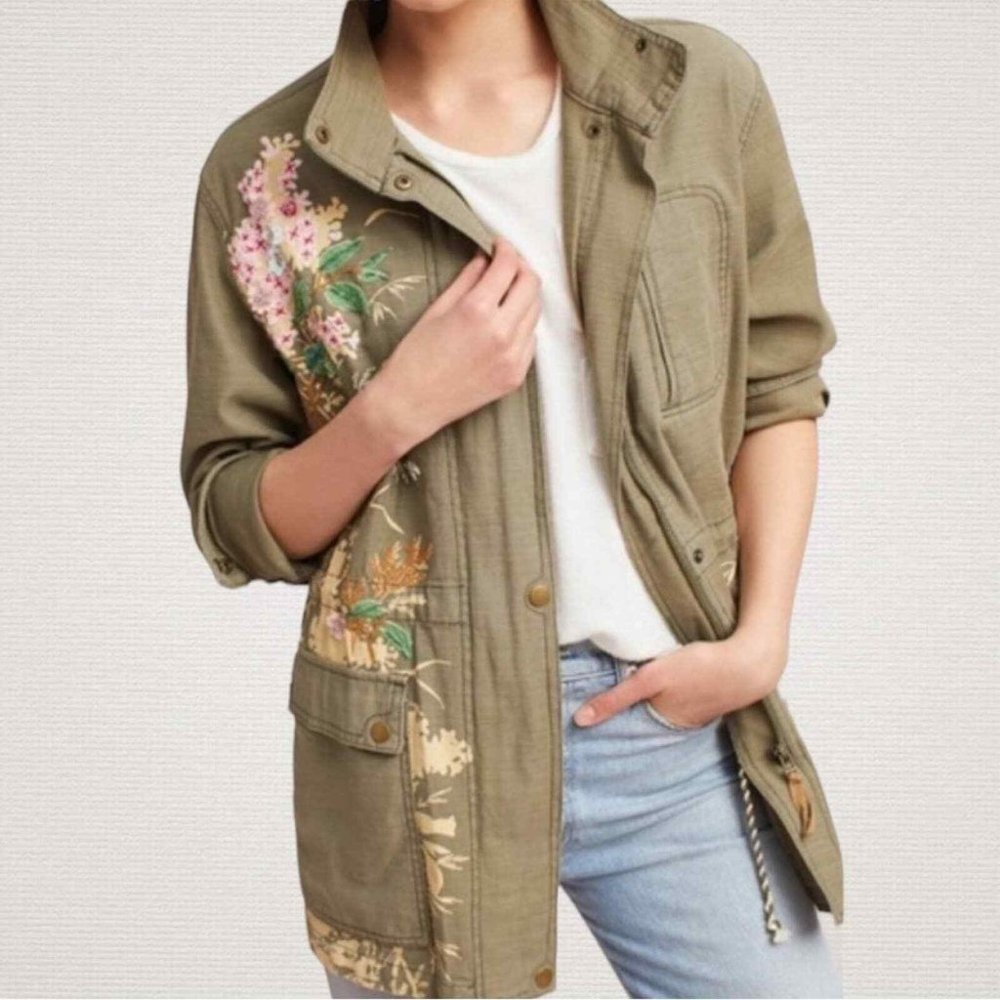 Anthropologie Olive Utility Jacket with Floral Embroidery
